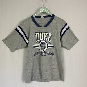 Vintage Duke‎ Blue Devils Ringer T Shirt Mens Medium Gray Distressed 90s